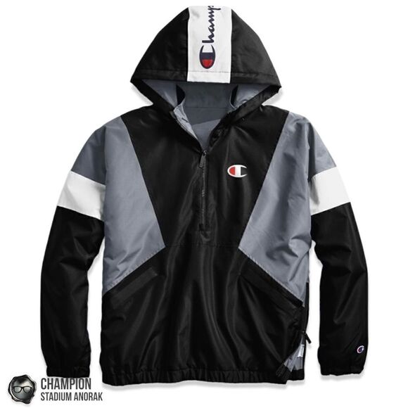 CHAMPION MEN’S STADIUM ANORAK BLACK 1/2 ZIP PULLOVER HOODED WINDBREAKER JACKET - Picture 1 of 15